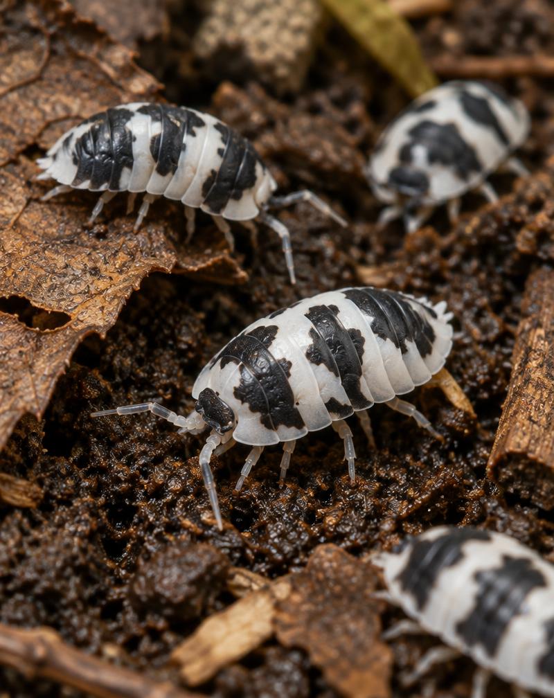 Dairy Cow isopods with black and white patterned shells