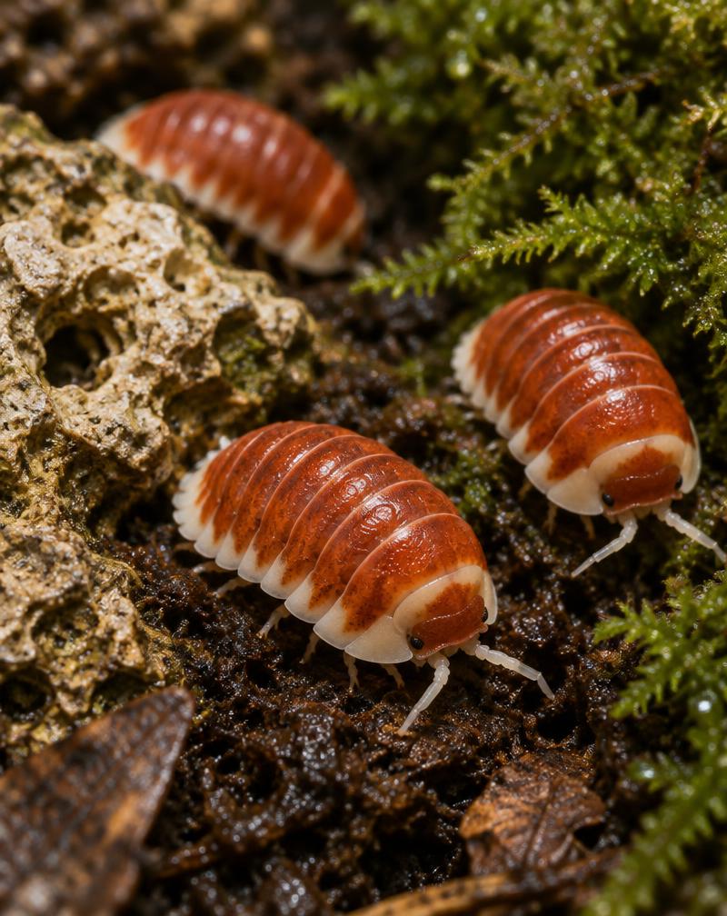 Red Panda isopods with rusty red shells on moss