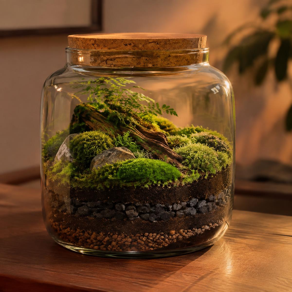 A beautifully layered glass terrarium with moss and substrate